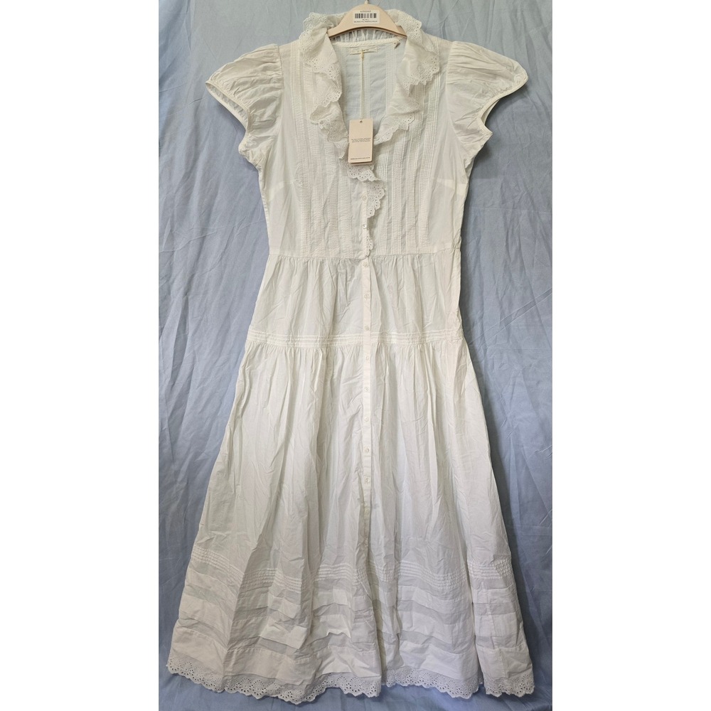Doen Eliette Dress Salt White Cotton Eyelet Lace Midi Button Front NWT Size M